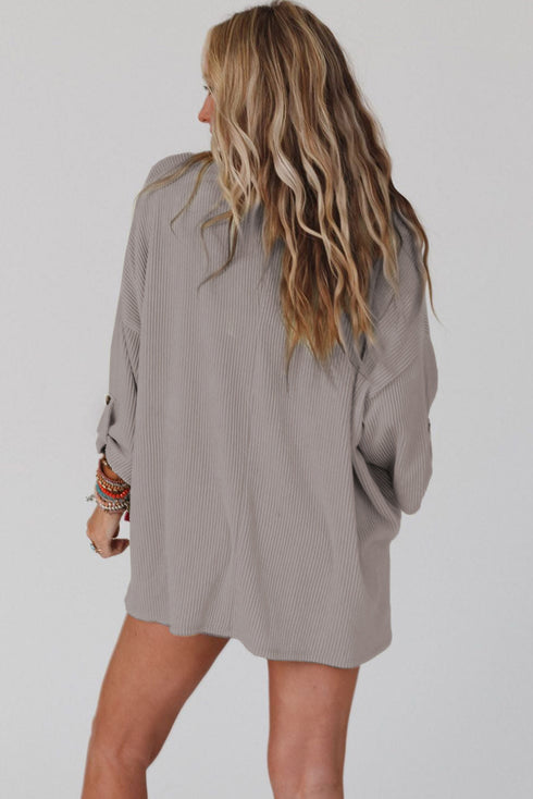 Ribbed Roll-tab Sleeve Chest Pocket Oversize Top